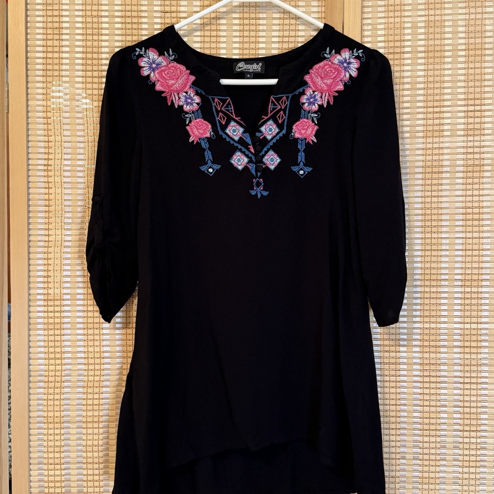 Cowgirl Womens S Top Embroidered‎ Floral Western Cowgirl Ranchcore Roll Tab Slev
